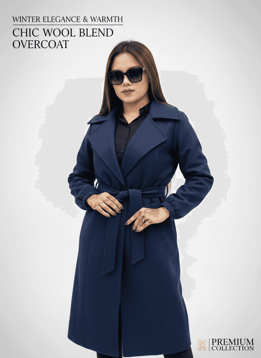 Chic Belt & Pocket Overcoat Navy